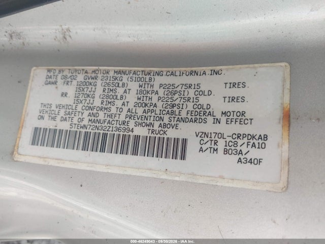 2002 Toyota Tacoma Base V6 მანქანა იყიდება აუქციონზე, vin: 5TEWN72N32Z136994, აუქციონის ნომერი: 46249043
