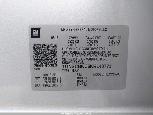 46249060 :رقم المزاد ، 1GNSCBKC6KR143771 vin ، 2019 Chevrolet Tahoe Lt مزاد بيع