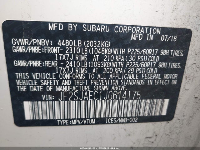 Продаж на аукціоні авто 2018 Subaru Forester 2.5i Premium, vin: JF2SJAEC1JG614175, номер лоту: 46249108