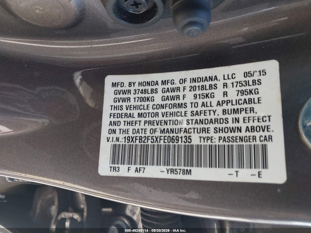 46249114 :رقم المزاد ، 19XFB2F5XFE069135 vin ، 2015 Honda Civic Lx مزاد بيع