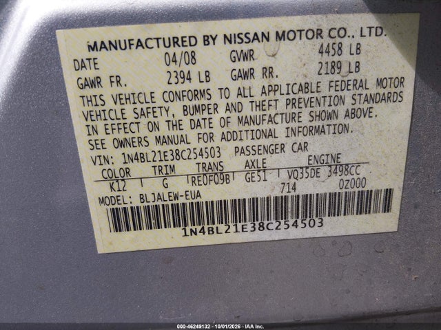 46249132 :رقم المزاد ، 1N4BL21E38C254503 vin ، 2008 Nissan Altima 3.5 Sl مزاد بيع