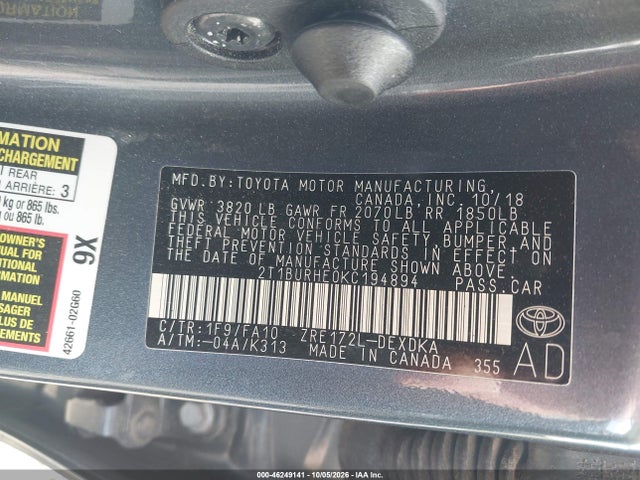 Продаж на аукціоні авто 2019 Toyota Corolla L, vin: 2T1BURHE0KC194894, номер лоту: 46249141