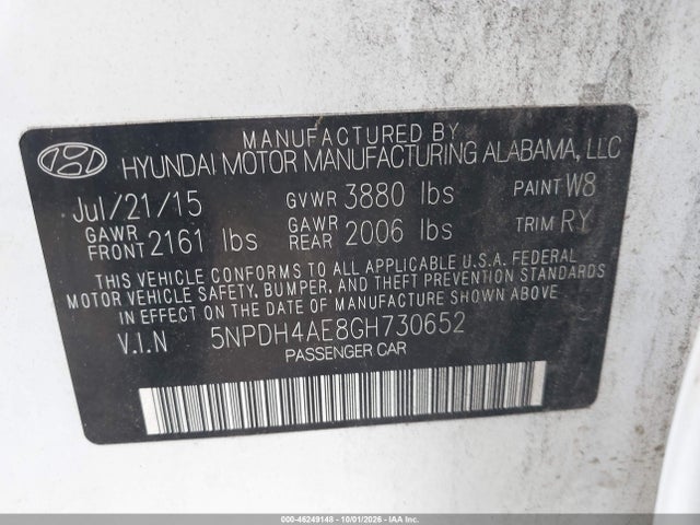 Продажа на аукционе авто 2016 Hyundai Elantra Value Edition, vin: 5NPDH4AE8GH730652, номер лота: 46249148