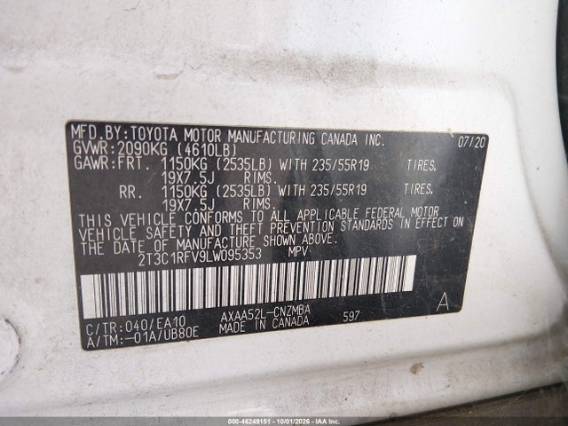 46249151 :رقم المزاد ، 2T3C1RFV9LW095353 vin ، 2020 Toyota Rav4 Xle Premium مزاد بيع