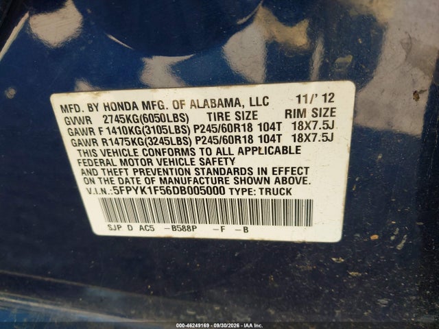 2013 Honda Ridgeline Rtl მანქანა იყიდება აუქციონზე, vin: 5FPYK1F56DB005000, აუქციონის ნომერი: 46249169