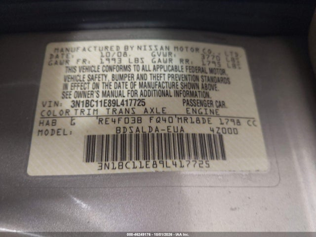 46249176 :رقم المزاد ، 3N1BC11E89L417725 vin ، 2009 Nissan Versa 1.8s مزاد بيع