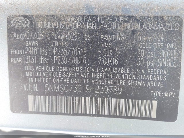 Продаж на аукціоні авто 2009 Hyundai Santa Fe Gls, vin: 5NMSG73D19H239789, номер лоту: 46249182
