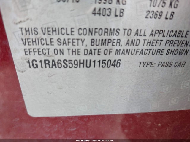 46249191 :رقم المزاد ، 1G1RA6S59HU115046 vin ، 2017 Chevrolet Volt Lt مزاد بيع