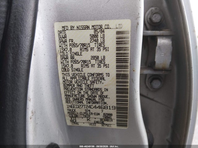 Aukcja sprzedaży 2004 Nissan Frontier Xe-v6, vin: 1N6ED27T24C446819, numer aukcji: 46249199