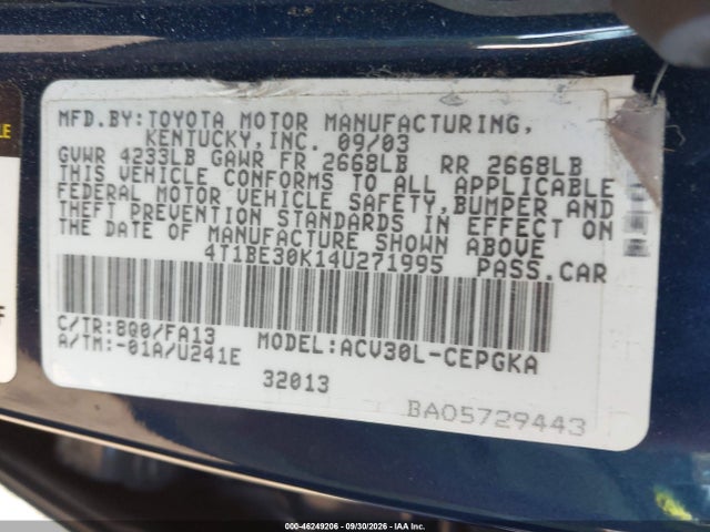 46249206 :رقم المزاد ، 4T1BE30K14U271995 vin ، 2004 Toyota Camry Xle مزاد بيع