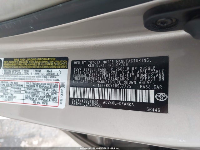 Продаж на аукціоні авто 2007 Toyota Camry Le, vin: 4T1BE46KX7U557779, номер лоту: 46249236