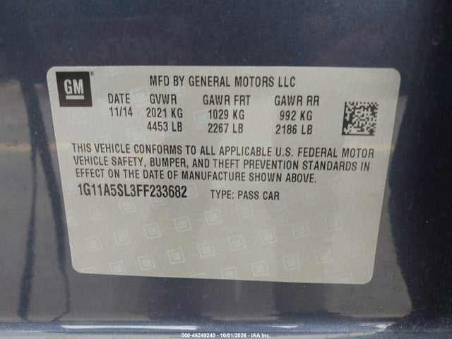 46249240 :رقم المزاد ، 1G11A5SL3FF233682 vin ، 2015 Chevrolet Malibu 1fl مزاد بيع