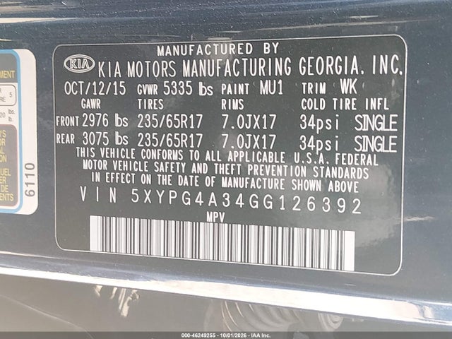 46249255 :رقم المزاد ، 5XYPG4A34GG126392 vin ، 2016 Kia Sorento Lx مزاد بيع