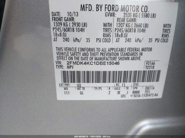 Продаж на аукціоні авто 2013 Ford Edge Limited, vin: 2FMDK4KC1DBE15046, номер лоту: 46249278