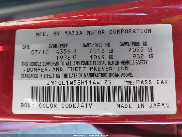 2017 Mazda Mazda6 Grand Touring მანქანა იყიდება აუქციონზე, vin: JM1GL1W58H1144125, აუქციონის ნომერი: 46249287
