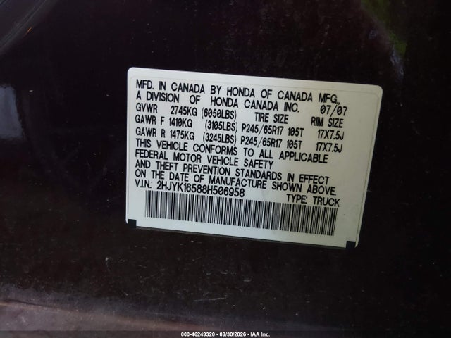 2008 Honda Ridgeline Rtl მანქანა იყიდება აუქციონზე, vin: 2HJYK16588H506958, აუქციონის ნომერი: 46249320