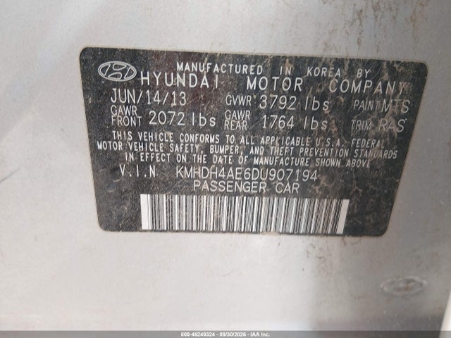 2013 Hyundai Elantra Gls მანქანა იყიდება აუქციონზე, vin: KMHDH4AE6DU907194, აუქციონის ნომერი: 46249324
