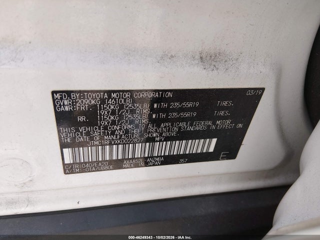 Aukcja sprzedaży 2019 Toyota Rav4 Xle Premium, vin: JTMC1RFVXKD022827, numer aukcji: 46249343