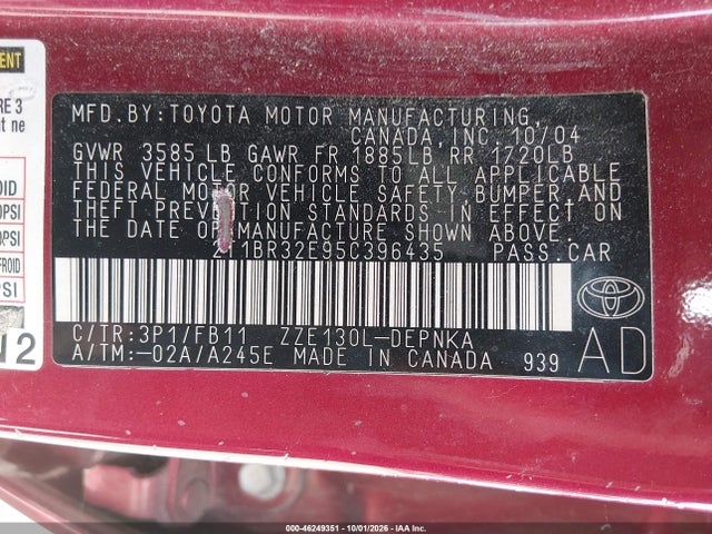 46249351 :رقم المزاد ، 2T1BR32E95C396435 vin ، 2005 Toyota Corolla Le مزاد بيع