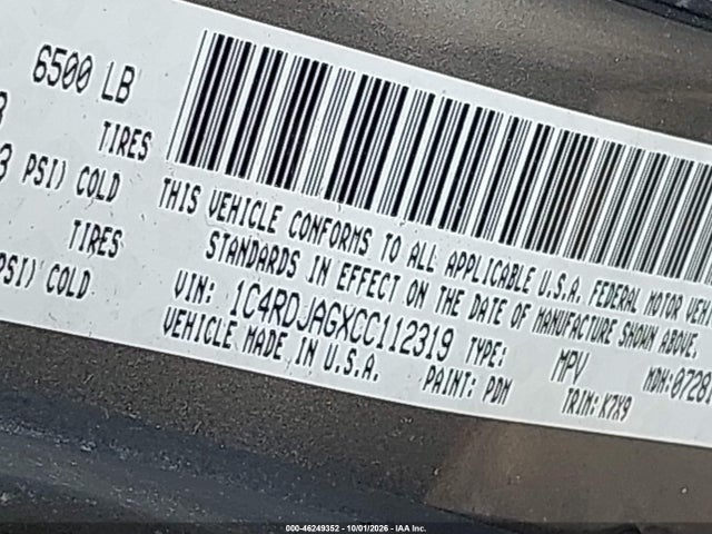 46249352 :رقم المزاد ، 1C4RDJAGXCC112319 vin ، 2012 Dodge Durango Sxt مزاد بيع