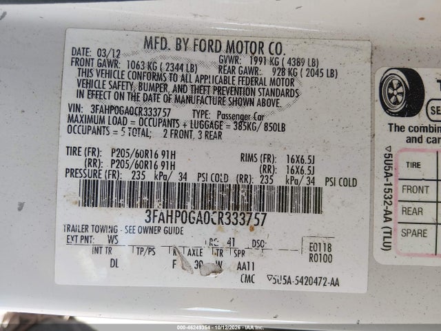 46249354 :رقم المزاد ، 3FAHP0GA0CR333757 vin ، 2012 Ford Fusion S مزاد بيع