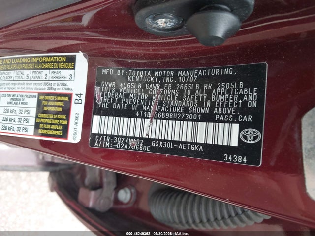 Aukcja sprzedaży 2008 Toyota Avalon Xls, vin: 4T1BK36B98U273001, numer aukcji: 46249362