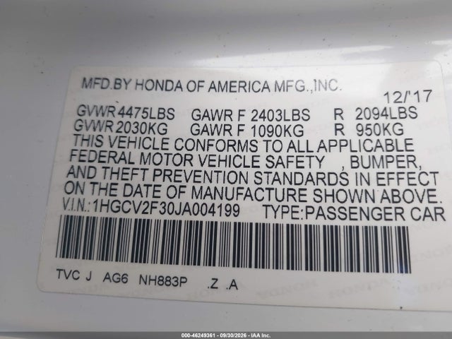 2018 Honda Accord Sport 2.0t მანქანა იყიდება აუქციონზე, vin: 1HGCV2F30JA004199, აუქციონის ნომერი: 46249361