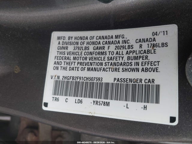 46249370 :رقم المزاد ، 2HGFB2F91CH507593 vin ، 2012 Honda Civic Ex-l مزاد بيع