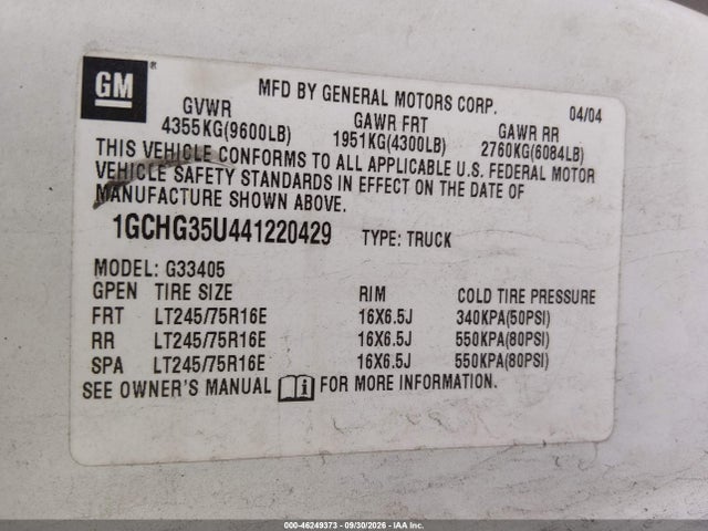 2004 Chevrolet Express მანქანა იყიდება აუქციონზე, vin: 1GCHG35U441220429, აუქციონის ნომერი: 46249373
