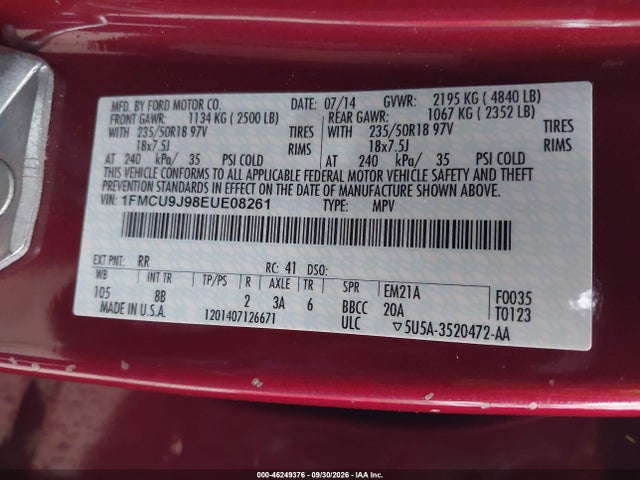 Auction sale of the 2014 Ford Escape Titanium, vin: 1FMCU9J98EUE08261, lot number: 46249376
