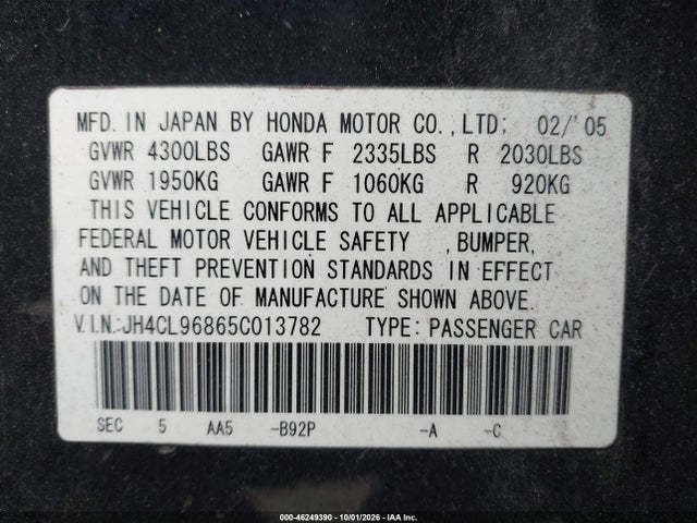 Aukcja sprzedaży 2005 Acura Tsx, vin: JH4CL96865C013782, numer aukcji: 46249390