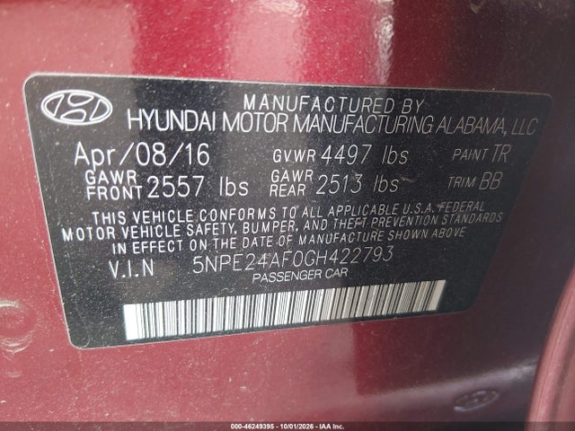 2016 Hyundai Sonata Se მანქანა იყიდება აუქციონზე, vin: 5NPE24AF0GH422793, აუქციონის ნომერი: 46249395