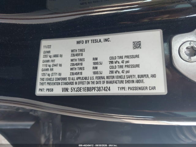 5YJ3E1EB8PF387424 Tesla Model 3 Long Range Dual Motor All-wheel Drive