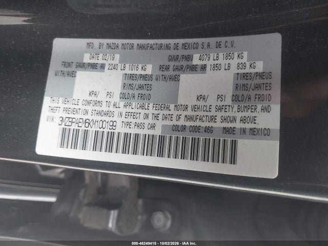 Продаж на аукціоні авто 2019 Mazda Mazda3 Premium Package, vin: 3MZBPAEM6KM100199, номер лоту: 46249415
