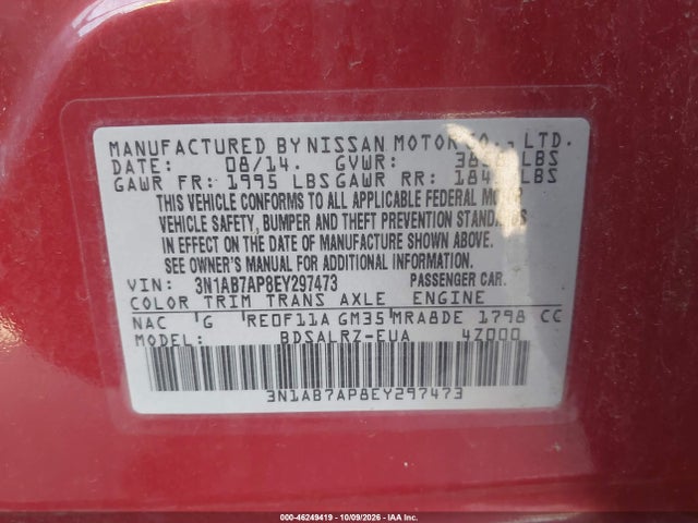 46249419 :رقم المزاد ، 3N1AB7AP8EY297473 vin ، 2014 Nissan Sentra Sr مزاد بيع