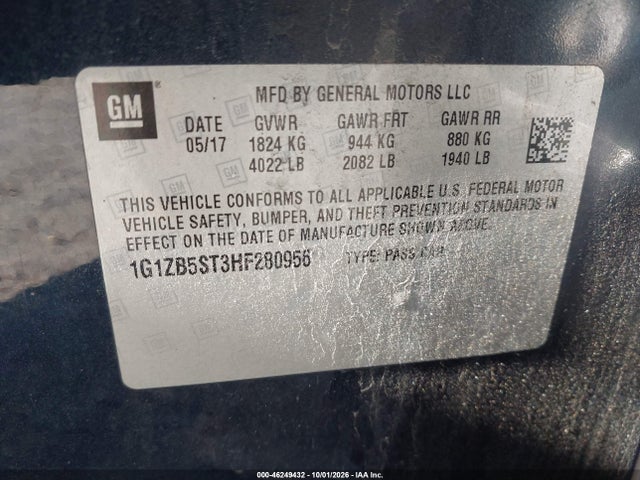 2017 Chevrolet Malibu Ls მანქანა იყიდება აუქციონზე, vin: 1G1ZB5ST3HF280956, აუქციონის ნომერი: 46249432