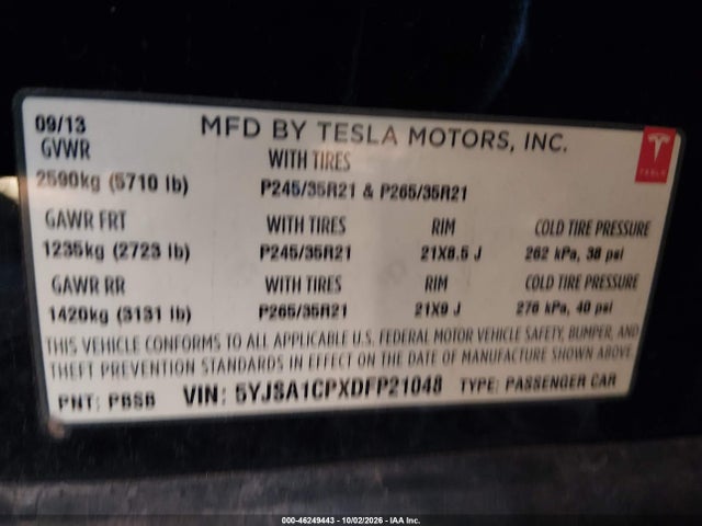Продаж на аукціоні авто 2013 Tesla Model S Performance, vin: 5YJSA1CPXDFP21048, номер лоту: 46249443