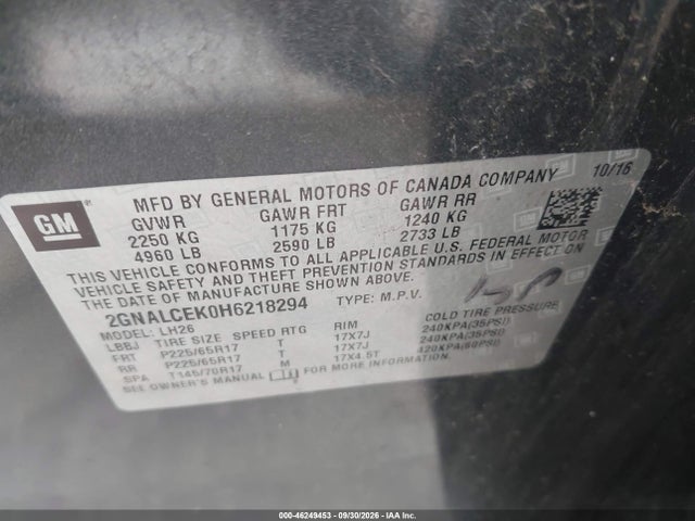 Aukcja sprzedaży 2017 Chevrolet Equinox Lt, vin: 2GNALCEK0H6218294, numer aukcji: 46249453