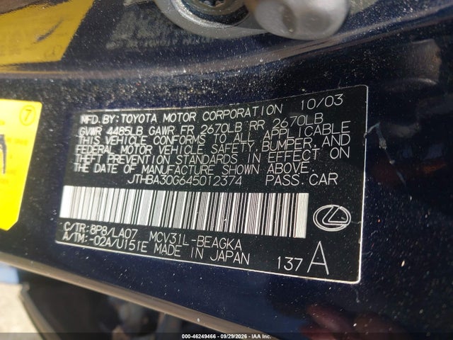 Aukcja sprzedaży 2004 Lexus Es 330, vin: JTHBA30G645012374, numer aukcji: 46249466