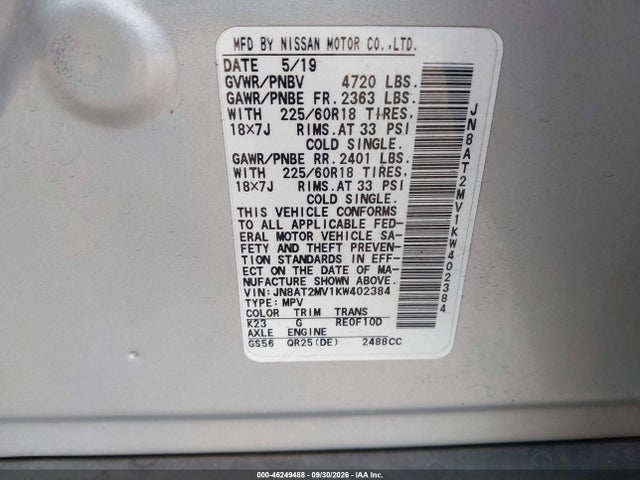 JN8AT2MV1KW402384 Nissan ROGUE SV