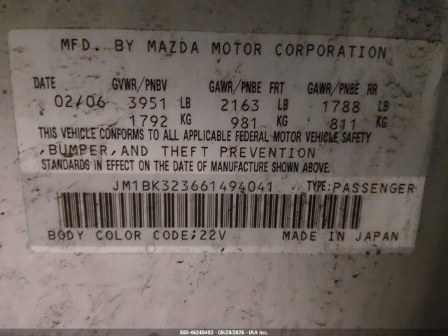 Продажа на аукционе авто 2006 Mazda Mazda3 S Grand Touring, vin: JM1BK323661494041, номер лота: 46249492