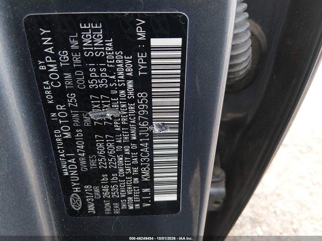 Продажа на аукционе авто 2018 Hyundai Tucson Sel, vin: KM8J3CA41JU679958, номер лота: 46249494