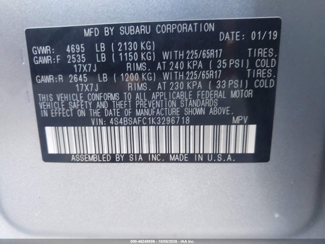 Продаж на аукціоні авто 2019 Subaru Outback 2.5i Premium, vin: 4S4BSAFC1K3296718, номер лоту: 46249506