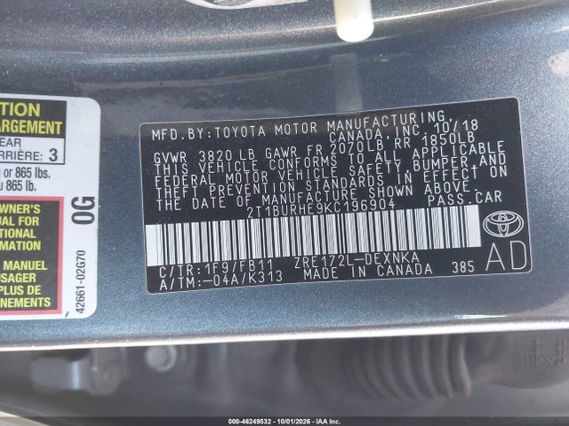 Toyota COROLLA LE 2019 2T1BURHE9KC196904 Image 9