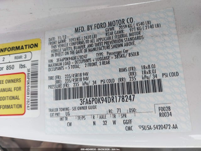 46249535 :رقم المزاد ، 3FA6P0K94DR178247 vin ، 2013 Ford Fusion Titanium مزاد بيع