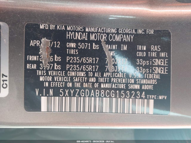 46249573 :رقم المزاد ، 5XYZGDAB8CG153234 vin ، 2012 Hyundai Santa Fe Gls مزاد بيع