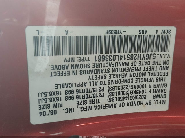 46249581 :رقم المزاد ، 5J6YH28514L033661 vin ، 2004 Honda Element Ex مزاد بيع