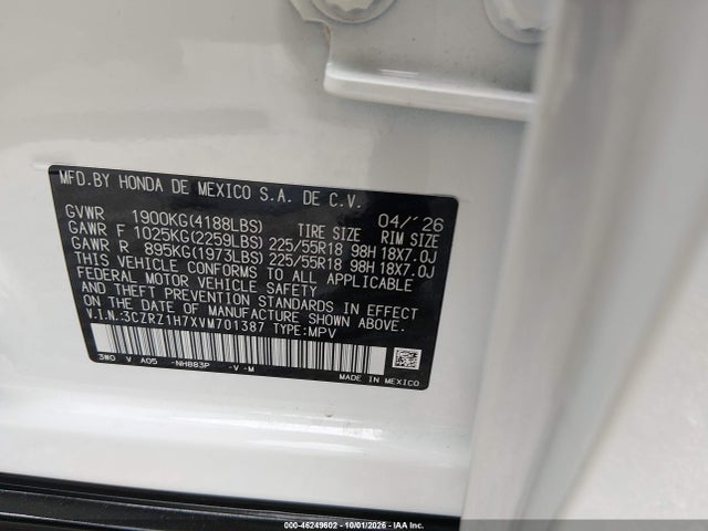 Продаж на аукціоні авто 2027 Honda Hr-v Ex-l 2wd, vin: 3CZRZ1H7XVM701387, номер лоту: 46249602