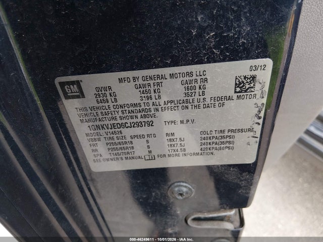 Auction sale of the 2012 Chevrolet Traverse 2lt, vin: 1GNKVJED6CJ293792, lot number: 46249611