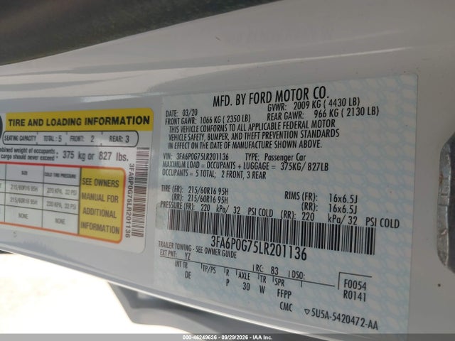 Продаж на аукціоні авто 2020 Ford Fusion S, vin: 3FA6P0G75LR201136, номер лоту: 46249636